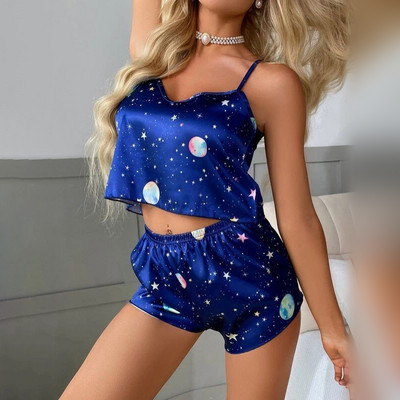 Naiste koduriided Seksikad pidžaamakomplektid Multifilmi mustriga pidžaamarihm Varrukateta Cami komplekt Magamisriided Naiste suvepidžaama ööpesu