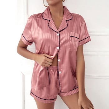 Γυναικεία Sleepwear Summer Pijama Set Down Collar Faux Silk Satin κοντομάνικο μπλουζάκι + σορτς Γυναικεία φόρμα για σπίτι πιτζάμα