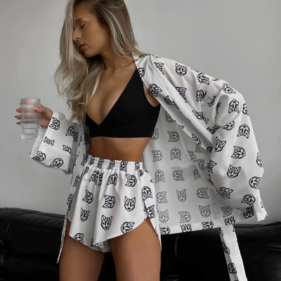 Νέο γυναικείο σορτς 2023 Casual Loose Sleepwear Print Κοστούμι δύο τεμαχίων Ψηλόμεση Ολόσωμη ρόμπες με ζώνη σατέν μεταξωτές πιτζάμες