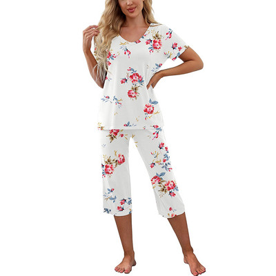 Naiste suvine pidžaamakomplekt lühikeste varrukatega V-kaelusega T-särk + Capri püksid magamisriided kodurõivad kontrastvärvi/lilledega/leopardi salongiülikonnad