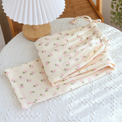 Άνοιξη και Καλοκαίρι Νέο Παντελόνι Γυναικεία Χαριτωμένα Λουλούδια Λεπτή Διατομή 100%Cotton Crepe Παντελόνι Casual Loose Home Παντελόνι Γυναικείο πάτο