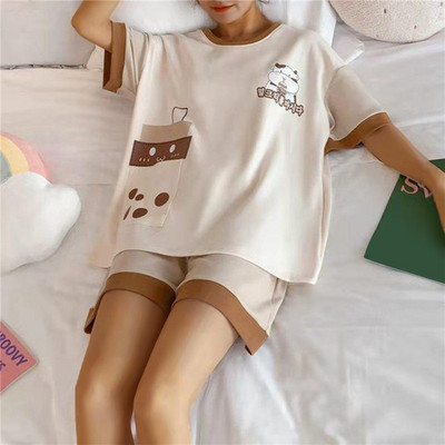 Seturi de pijamale pentru femei Pijama pentru femeie din mătase lăptoasă Pijama cu decolteu O cu mâneci scurte Costum de vară Lenjerie de noapte Lenjerie de găzduire Îmbrăcăminte pentru acasă