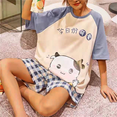 Seturi de pijamale pentru femei Pijama pentru femeie din mătase lăptoasă Pijama cu decolteu O cu mâneci scurte Costum de vară Lenjerie de noapte Lenjerie de găzduire Îmbrăcăminte pentru acasă