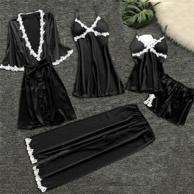 2020 Lenjerie de dormit din satin pentru femei, pijama subțire, 5 bucăți, pijama sexy din dantelă, pijama pentru dormitor, pijama de noapte, mătase, pentru acasă, costum de pijama