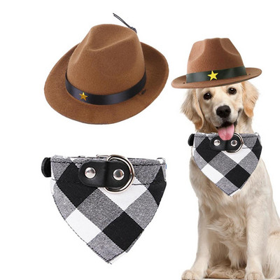 Καπέλο γάτα καουμπόη Τριγωνικό κασκόλ Σκύλος γάτα Μέγεθος κατοικίδιου Καπέλο καουμπόη και κασκόλ μπαντάνα Σετ κοστουμιών κατοικίδιων ζώων καουμπόη πολλαπλών χρήσεων Ρυθμιζόμενο