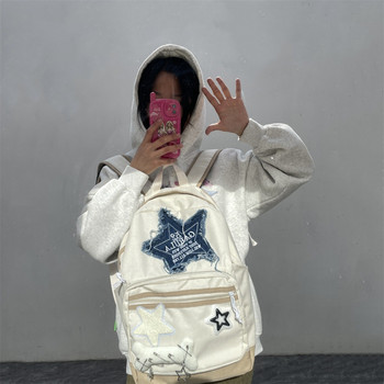 Винтидж модни дънкови раници със звезди с букви Сладка ежедневна корейска ученическа чанта Y2k Естетичен контрастен цвят Разноцветна раница Дамски