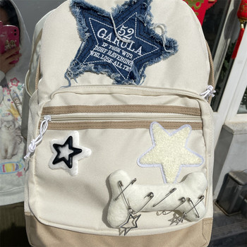 Винтидж модни дънкови раници със звезди с букви Сладка ежедневна корейска ученическа чанта Y2k Естетичен контрастен цвят Разноцветна раница Дамски