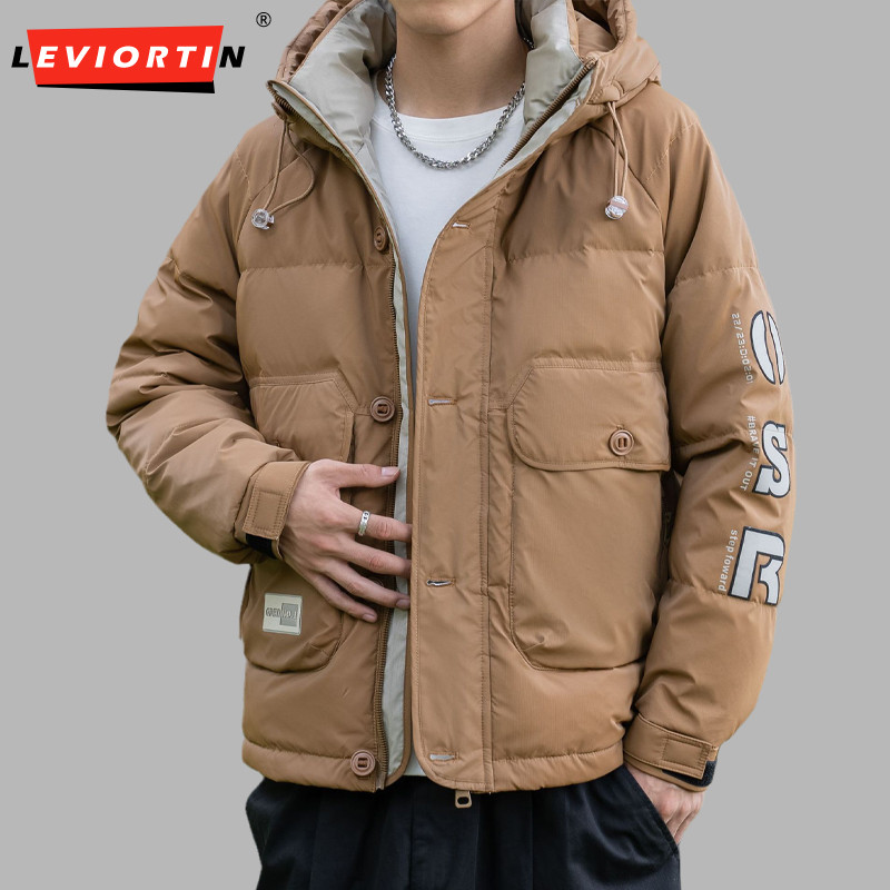 Ανδρικές τσέπες με κουκούλα 2023 Ελαφριά ζεστά παλτό Χειμερινή τάση Casual χαλαρά παχύρρευστα κοντά λευκά μπουφάν με πούπουλα πάπιας