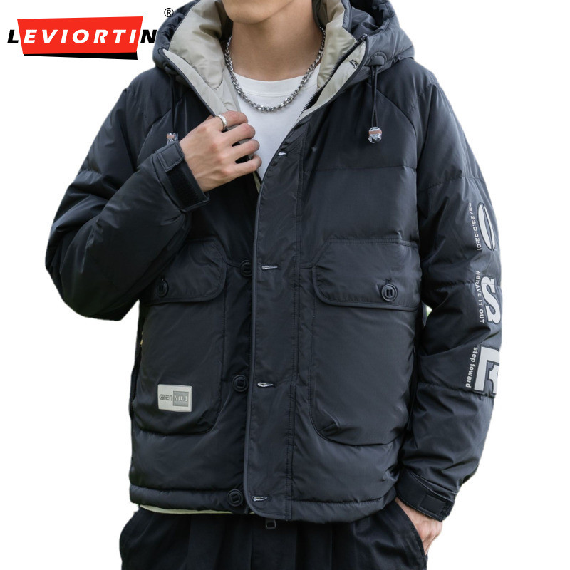 Ανδρικές τσέπες με κουκούλα 2023 Ελαφριά ζεστά παλτό Χειμερινή τάση Casual χαλαρά παχύρρευστα κοντά λευκά μπουφάν με πούπουλα πάπιας