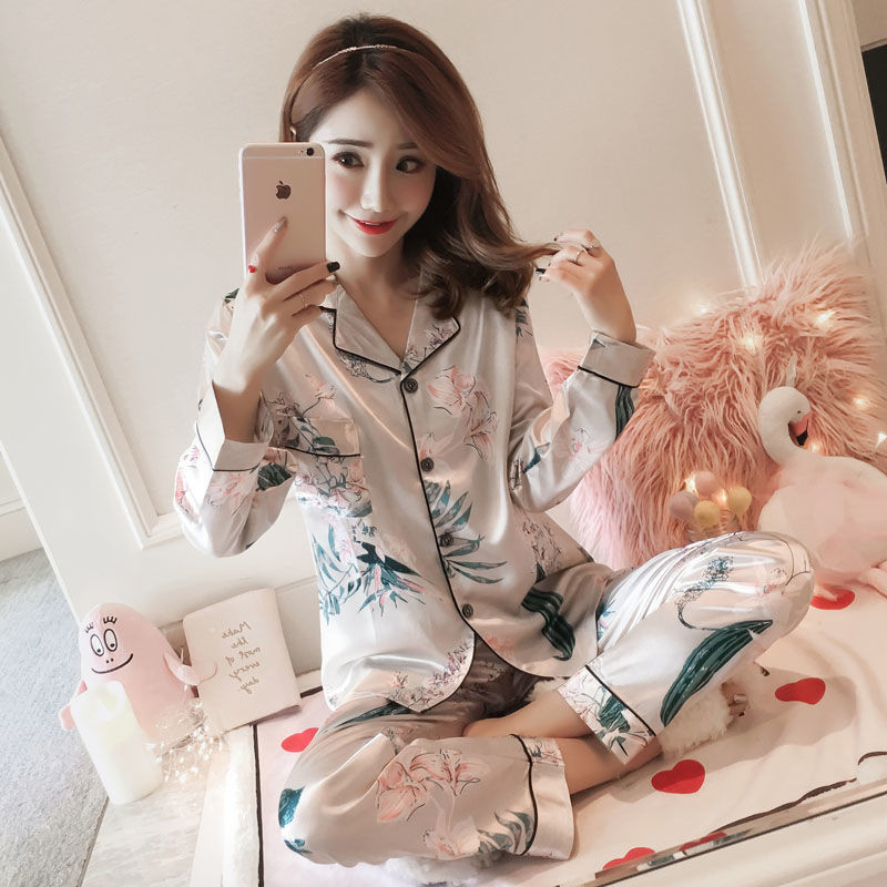 Pijamale întregi Set de pijamale de vară din mătase pentru femei 2 buc Pantaloni subțiri cu mânecă lungă Costum Imbracăminte de relaxare pentru petrecere a timpului liber Toamnă Set de lenjerie de dormit pentru femei