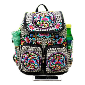 Ежедневни платнени дамски раници с бродирани цветя Етнически ученически раници за момичета Дамски ретро раници Пътни чанти с множество джобове