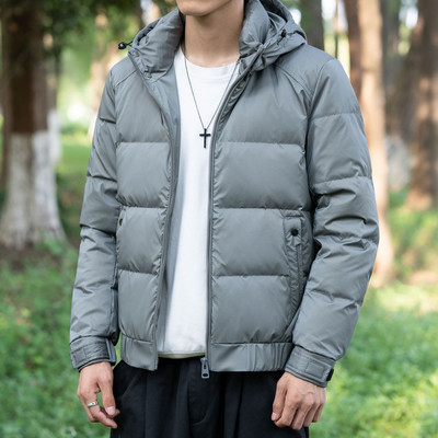 2023 Jachetă scurtă de puf pentru bărbați, cu glugă, buzunare solide, haină ușoară de iarnă, la modă, puf de rață alb, îmbrăcăminte exterioară, caldă, groasă