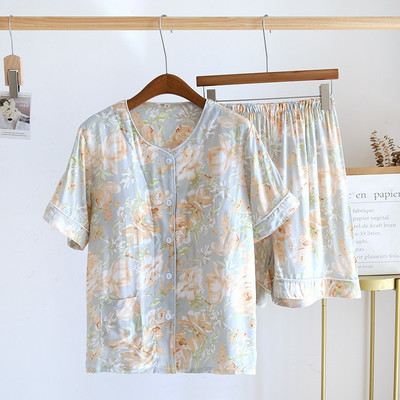 Καλοκαίρι 2023 Νέα γυναικεία ζακέτα με λαιμόκοψη + σορτς πιτζάμες με στάμπες Γυναικεία άνετα υπνοδωμάτια Μαλακά λεπτά ρούχα σπιτιού με μαξιλαράκι στο στήθος