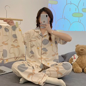 3 τμχ Καλοκαιρινές γυναικείες πιτζάμες εκτύπωση Kawaii Ρούχα κοντά μανίκια Laple επάνω φαρδιά σορτς Παντελόνια σαλονιού Γυναικεία πιτζάμες