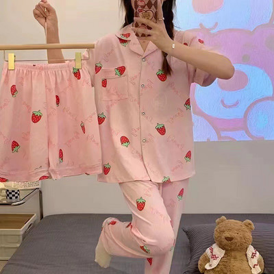 3 τμχ Καλοκαιρινές γυναικείες πιτζάμες εκτύπωση Kawaii Ρούχα κοντά μανίκια Laple επάνω φαρδιά σορτς Παντελόνια σαλονιού Γυναικεία πιτζάμες