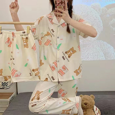 3 τμχ Καλοκαιρινές γυναικείες πιτζάμες εκτύπωση Kawaii Ρούχα κοντά μανίκια Laple επάνω φαρδιά σορτς Παντελόνια σαλονιού Γυναικεία πιτζάμες