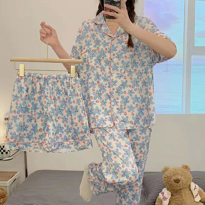 3 τμχ Καλοκαιρινές γυναικείες πιτζάμες εκτύπωση Kawaii Ρούχα κοντά μανίκια Laple επάνω φαρδιά σορτς Παντελόνια σαλονιού Γυναικεία πιτζάμες
