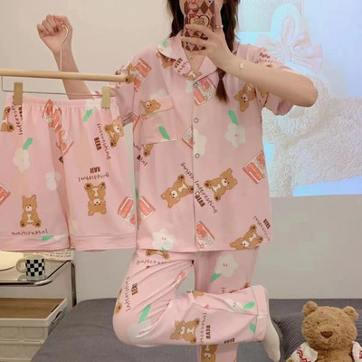 3 τμχ Καλοκαιρινές γυναικείες πιτζάμες εκτύπωση Kawaii Ρούχα κοντά μανίκια Laple επάνω φαρδιά σορτς Παντελόνια σαλονιού Γυναικεία πιτζάμες