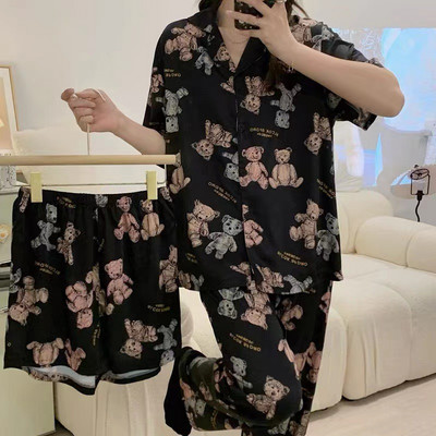 3 τμχ Καλοκαιρινές γυναικείες πιτζάμες εκτύπωση Kawaii Ρούχα κοντά μανίκια Laple επάνω φαρδιά σορτς Παντελόνια σαλονιού Γυναικεία πιτζάμες