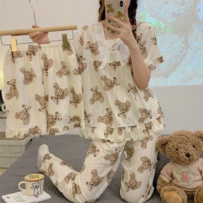 3 τμχ Καλοκαιρινές γυναικείες πιτζάμες εκτύπωση Kawaii Ρούχα κοντά μανίκια Laple επάνω φαρδιά σορτς Παντελόνια σαλονιού Γυναικεία πιτζάμες