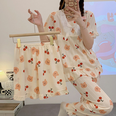 3 τμχ Καλοκαιρινές γυναικείες πιτζάμες εκτύπωση Kawaii Ρούχα κοντά μανίκια Laple επάνω φαρδιά σορτς Παντελόνια σαλονιού Γυναικεία πιτζάμες