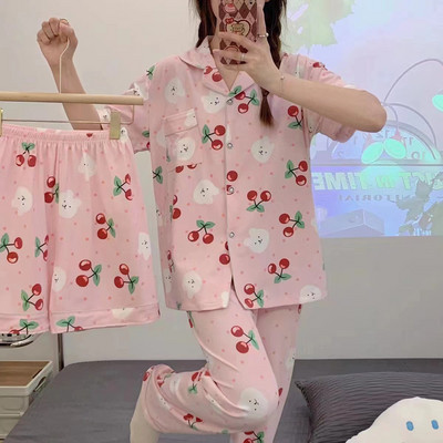 3 τμχ Καλοκαιρινές γυναικείες πιτζάμες εκτύπωση Kawaii Ρούχα κοντά μανίκια Laple επάνω φαρδιά σορτς Παντελόνια σαλονιού Γυναικεία πιτζάμες