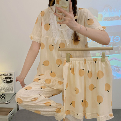 3 τμχ Καλοκαιρινές γυναικείες πιτζάμες εκτύπωση Kawaii Ρούχα κοντά μανίκια Laple επάνω φαρδιά σορτς Παντελόνια σαλονιού Γυναικεία πιτζάμες