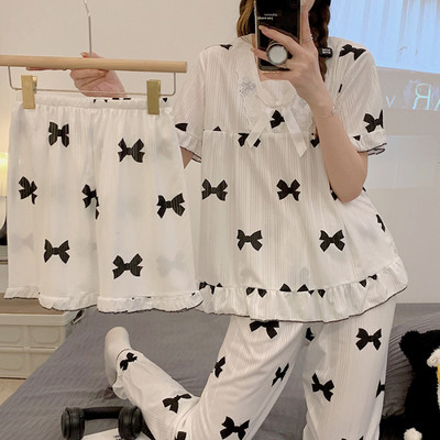 3 τμχ Καλοκαιρινές γυναικείες πιτζάμες εκτύπωση Kawaii Ρούχα κοντά μανίκια Laple επάνω φαρδιά σορτς Παντελόνια σαλονιού Γυναικεία πιτζάμες