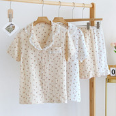 ΝΕΑ Γάζα βαμβακερή πιτζάμες με στάμπα λουλουδιών Kawaii Πυζάμες Κορεατικού στυλ με δαντέλα με κοντό μανίκι σορτς Γλυκά γυναικεία ρούχα