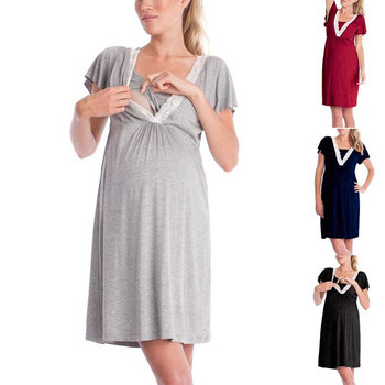 Νέο Πολυλειτουργικό κοντομάνικο νοσηλευτικό πιτζάμες έγκυος μονόχρωμο φόρεμα για μητέρα δαντέλα Νυχτερινή εγκυμοσύνη