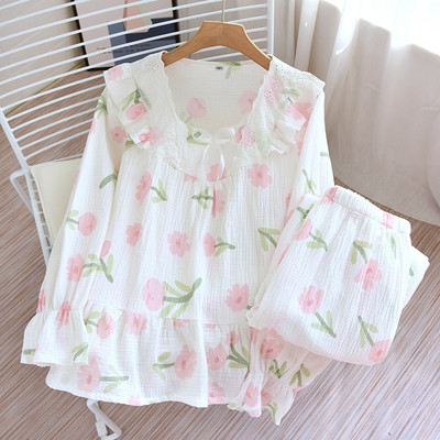 Μακρυμάνικο Σετ Πυτζάμες Δαντέλα τετράγωνο γιακά Γυναικείο λουλούδι βανίλια με στάμπα κρεπ βαμβακερό Kawaii Trendy Women 2τμχ Πυτζάμες Lovely