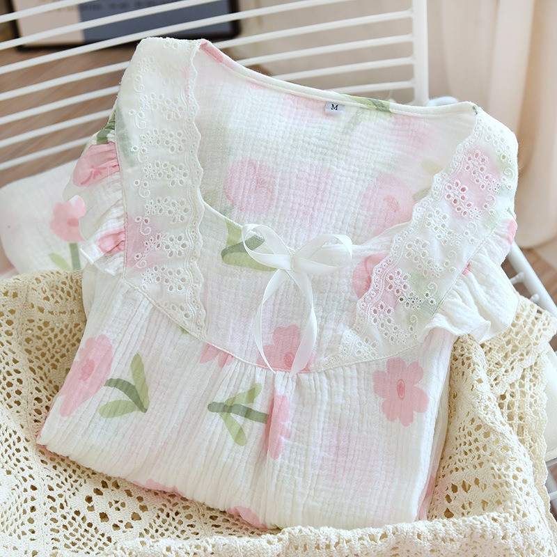 Μακρυμάνικο Σετ Πυτζάμες Δαντέλα τετράγωνο γιακά Γυναικείο λουλούδι βανίλια με στάμπα κρεπ βαμβακερό Kawaii Trendy Women 2τμχ Πυτζάμες Lovely