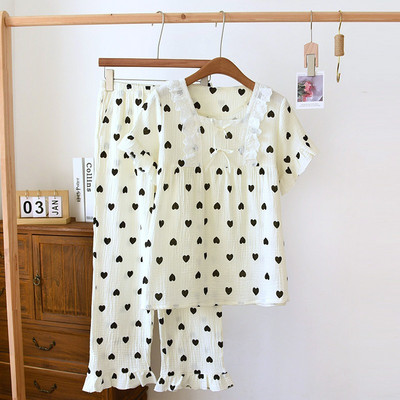 Γυναικείο κοστούμι με στάμπα για το σπίτι, βαμβακερές πιτζάμες για γυναίκες Σαλόνια τετράγωνη λαιμόκοψη πουλόβερ με δαντέλα Γυναικεία κορεατικά πιτζάμες Femme