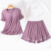 Pijamale cu mânecă scurtă pentru damă, cu pernă pentru piept, Seturi de pijamale de vară, confortabile, largi, pentru femei, cu decolteu în V, haine de noapte pentru fete tinere