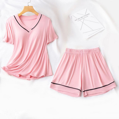 Pijamale cu mânecă scurtă pentru damă, cu pernă pentru piept, Seturi de pijamale de vară, confortabile, largi, pentru femei, cu decolteu în V, haine de noapte pentru fete tinere