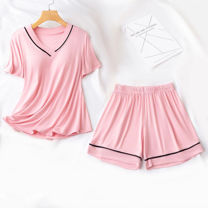 Pijamale cu mânecă scurtă pentru damă, cu pernă pentru piept, Seturi de pijamale de vară, confortabile, largi, pentru femei, cu decolteu în V, haine de noapte pentru fete tinere