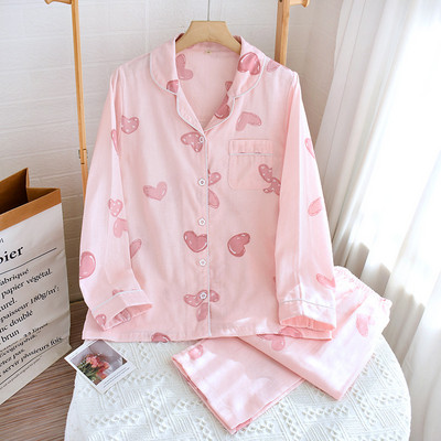 New Girls Sweet Love Printed Fresh Style Домашно облекло Свободно тънко спално облекло с отложна яка Дамско меко марлево памучно облекло