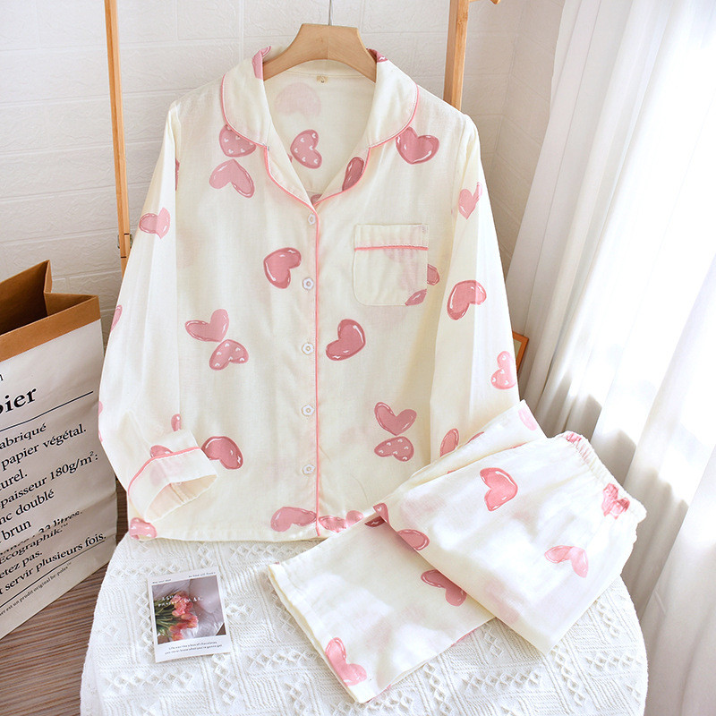 New Girls Sweet Love Imprimat Fresh Style Homewear Set de lenjerie de dormit, lejer, subțire, cu guler răsucit, pentru femei, din tifon moale, din bumbac