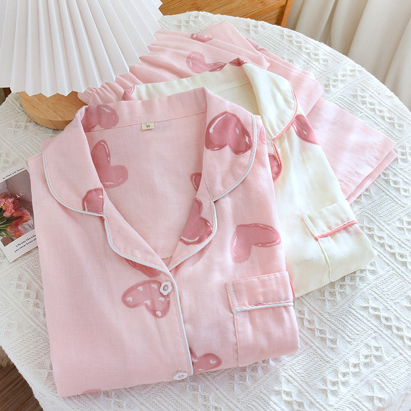 New Girls Sweet Love Imprimat Fresh Style Homewear Set de lenjerie de dormit, lejer, subțire, cu guler răsucit, pentru femei, din tifon moale, din bumbac