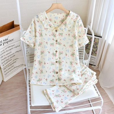 2023 Άνοιξη Φθινόπωρο Νέο Γυναικείο Σετ Πιτζάμες Πλήρες Βαμβακερό Γυναικείο Σετ λουλουδιών Γυναικείο Γλυκό χαριτωμένο Πυζά με V-λαιμόκοψη Σετ ρούχων σπιτιού