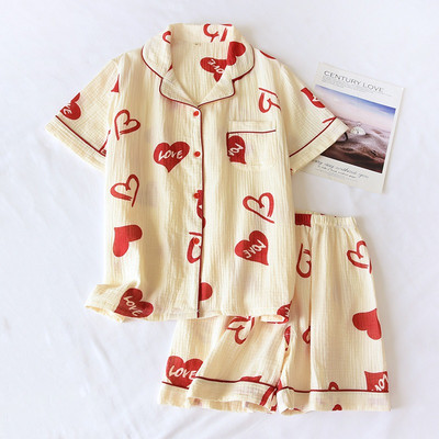 Vară, stil japonez, tifon dulce, kimono din bumbac, pijama cu rever, desene animate, drăguț, imprimare, largi, haine de dormit, femei, 2 piese.