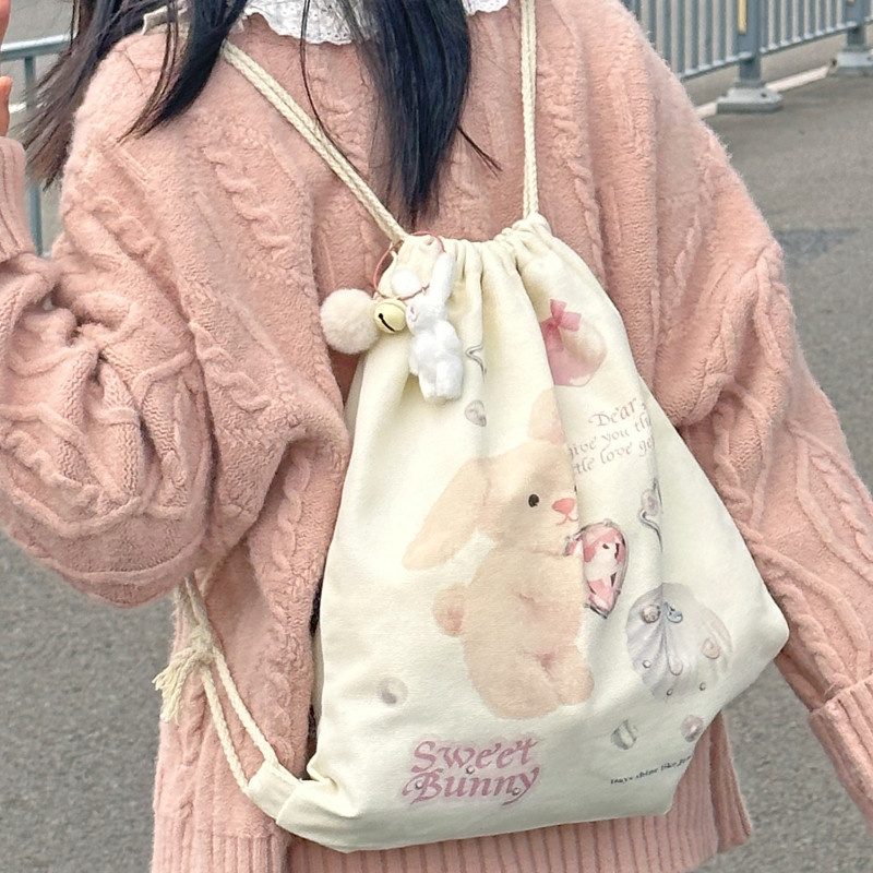 Kreslené sladké japonské Kawaii tašky cez rameno Y2k estetické roztomilé králičie potlačené batohy Harajuku Ins sťahovacia šnúrka Preppy školské tašky