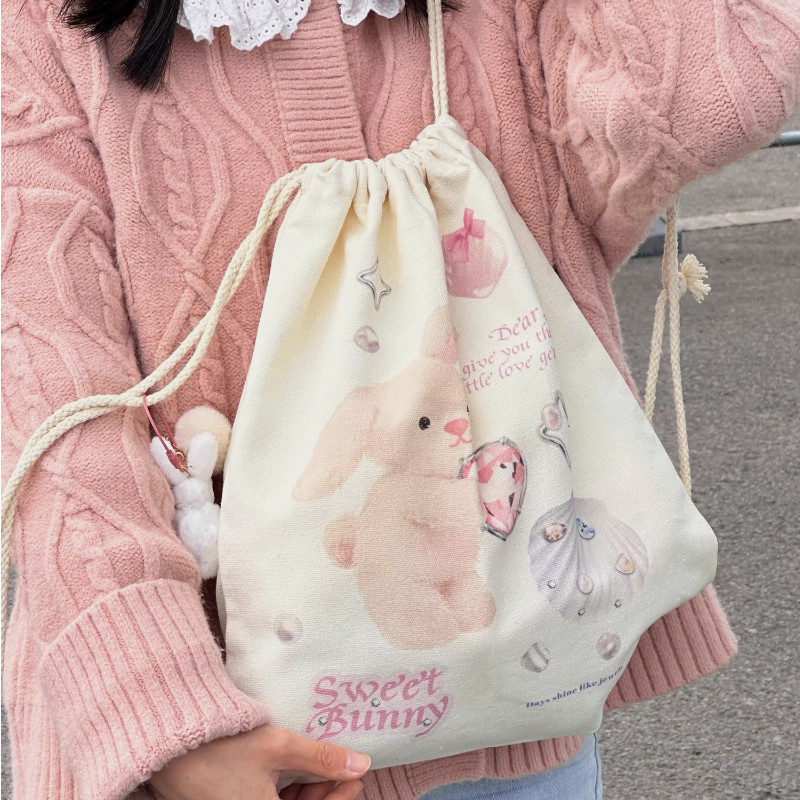 Kreslené sladké japonské Kawaii tašky cez rameno Y2k estetické roztomilé králičie potlačené batohy Harajuku Ins sťahovacia šnúrka Preppy školské tašky