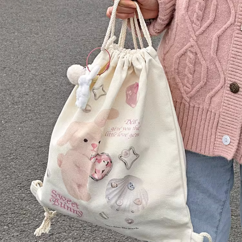 Kreslené sladké japonské Kawaii tašky cez rameno Y2k estetické roztomilé králičie potlačené batohy Harajuku Ins sťahovacia šnúrka Preppy školské tašky