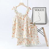 Καλοκαιρινή νέα γυναικεία φόρμα πιτζάμα 100% βαμβακερή κρεπ ζαρτιέρες με δαντέλα + σορτς λεπτά χαριτωμένα ρούχα για το σπίτι 2 τεμαχίων Σετ Πυτζάμες Πυτζάμες