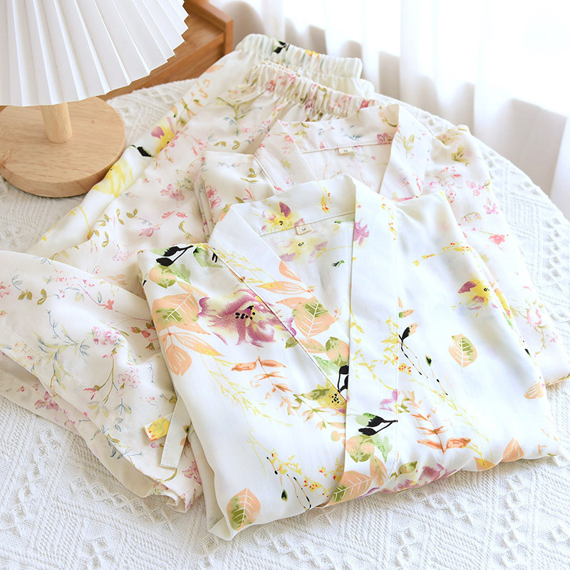 Japonské kimono s krátkym rukávom, letné dámske pyžamo, oblekové viskózové pyžamo s kvetinovou potlačou pre domáce služby