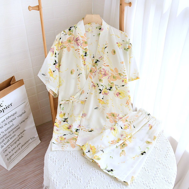Japonské kimono s krátkym rukávom, letné dámske pyžamo, oblekové viskózové pyžamo s kvetinovou potlačou pre domáce služby