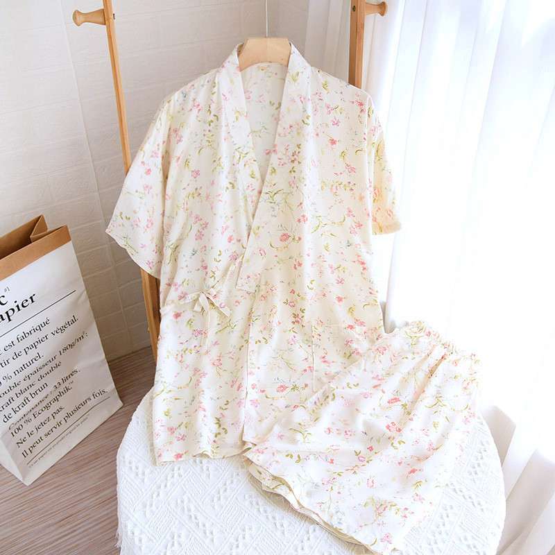 Japonské kimono s krátkym rukávom, letné dámske pyžamo, oblekové viskózové pyžamo s kvetinovou potlačou pre domáce služby