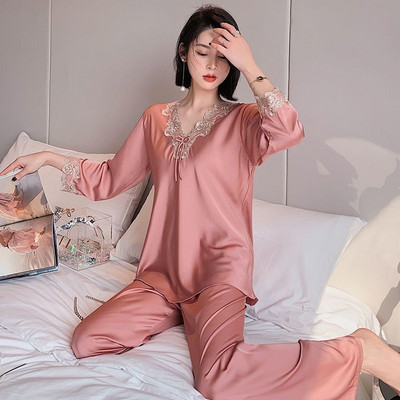 Γυναικεία Σατέν Πυτζάμες Πυτζάμες Ανοιξιάτικα Μακρυμάνικα Γυναικεία Κορεάτικη Δαντέλα Φαρδιά Oversize 4XL Σπίτι Καλοκαιρινό Σπίτι Κοστούμι