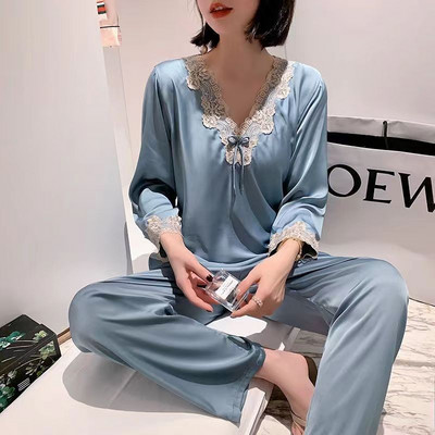 Γυναικεία Σατέν Πυτζάμες Πυτζάμες Ανοιξιάτικα Μακρυμάνικα Γυναικεία Κορεάτικη Δαντέλα Φαρδιά Oversize 4XL Σπίτι Καλοκαιρινό Σπίτι Κοστούμι